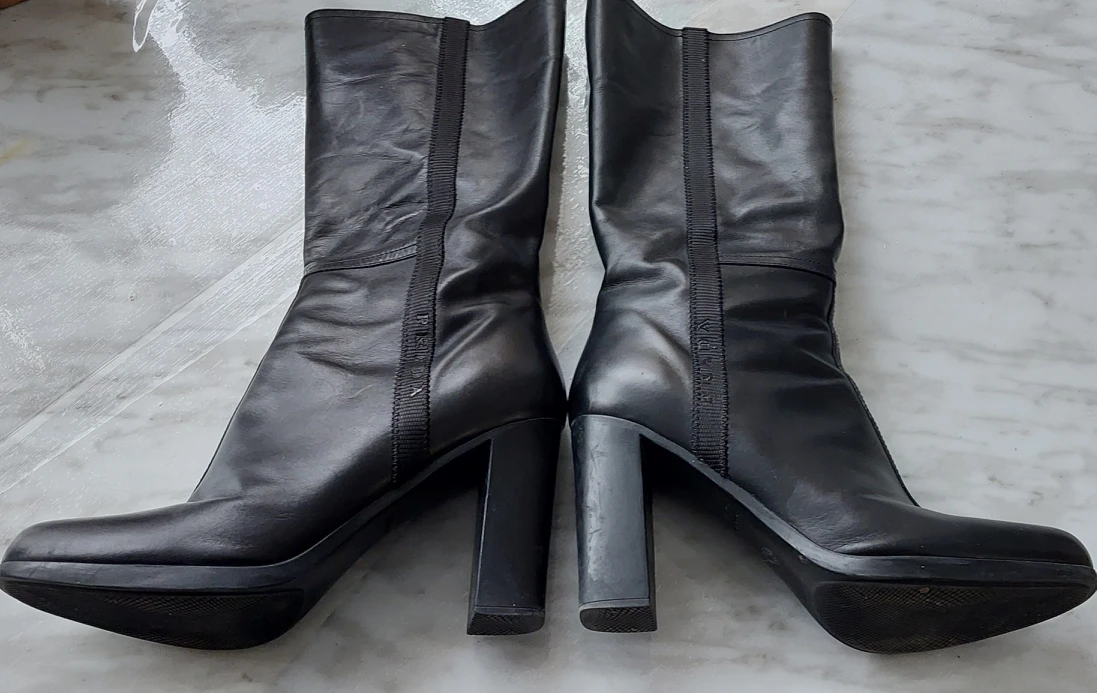 PRADA BLACK LEATHER BELOW THE KNEE HEEL BOOTS - photo 2