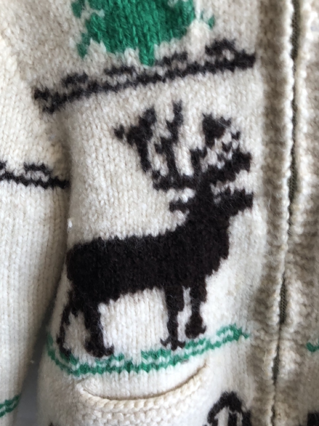 Vintage Cowichan moose zip cardigan wool hand knit image indicator(4)