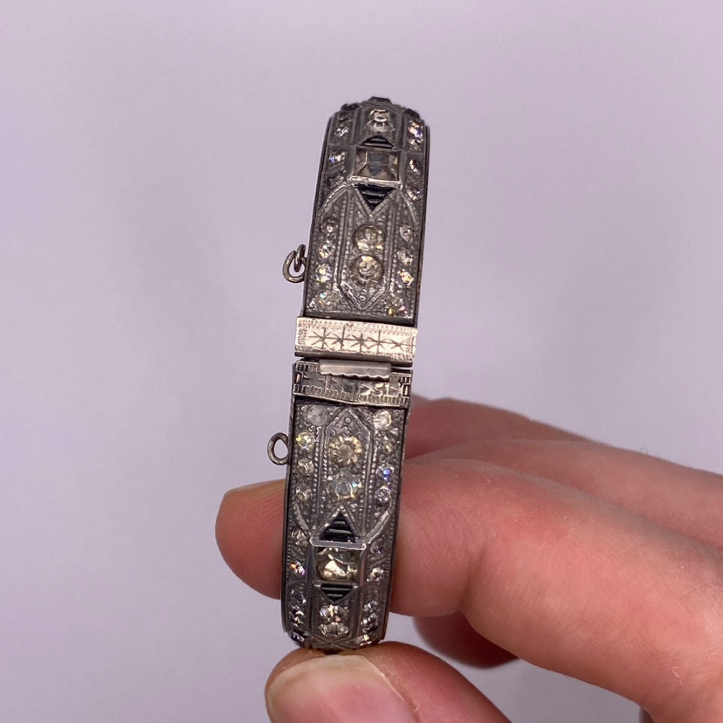 20s or 30s Antique Silver and Rhinestone Art Deco Bangle - photo 3