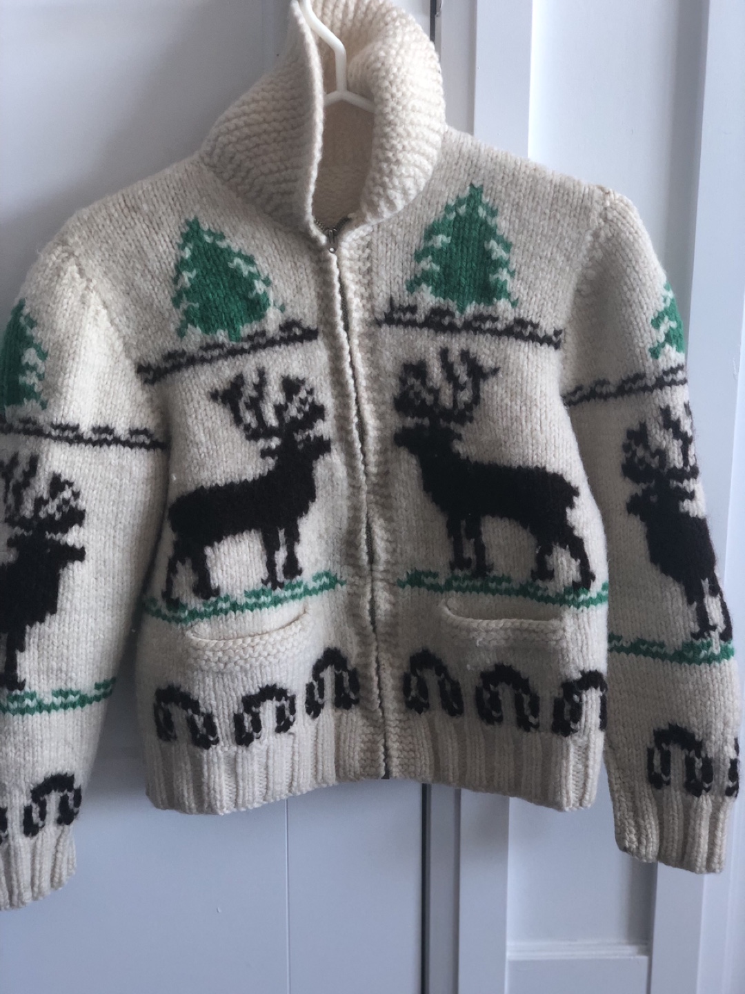 Vintage Cowichan moose zip cardigan wool hand knit thumbnail