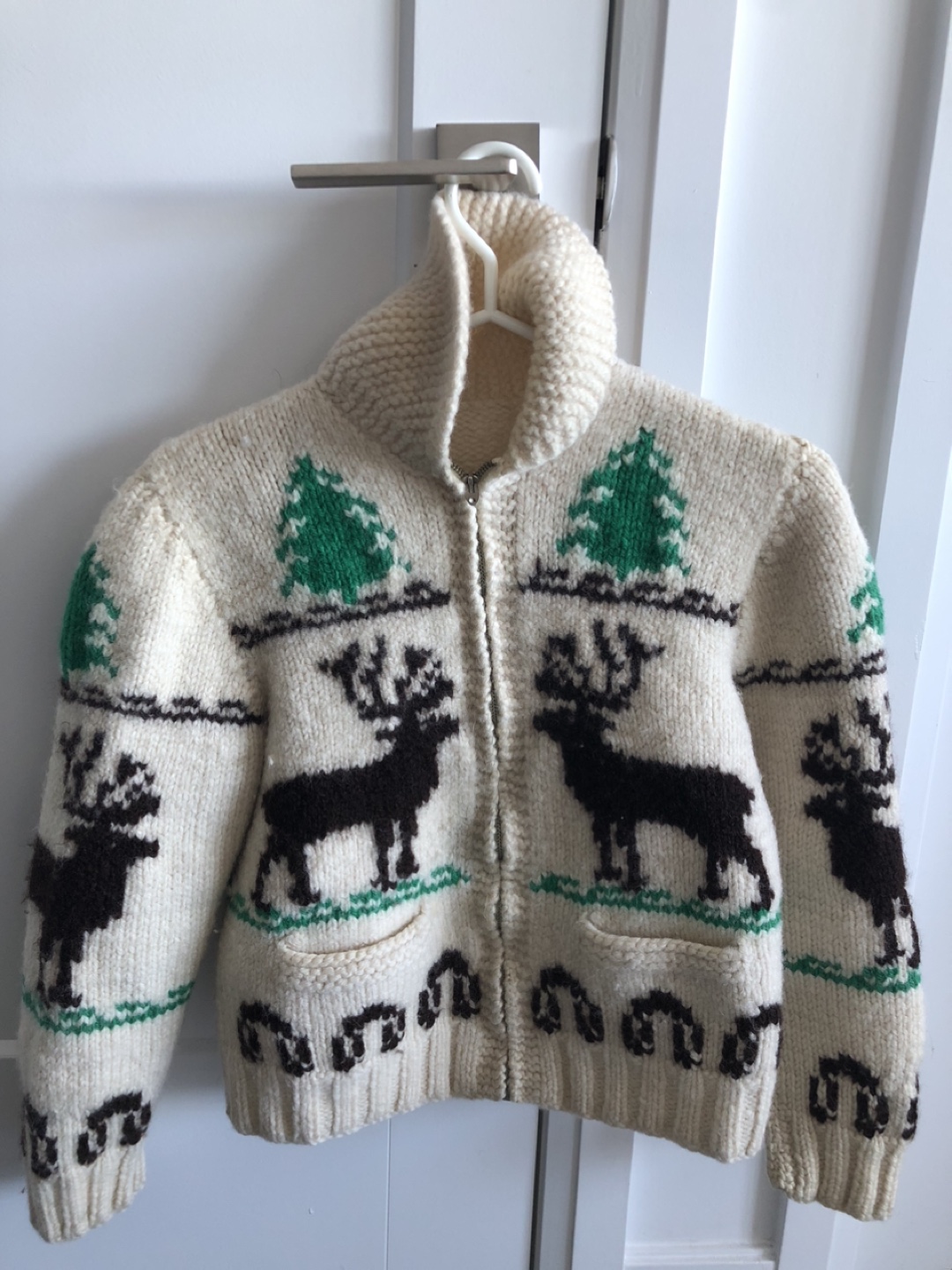 Vintage Cowichan moose zip cardigan wool hand knit image indicator(2)
