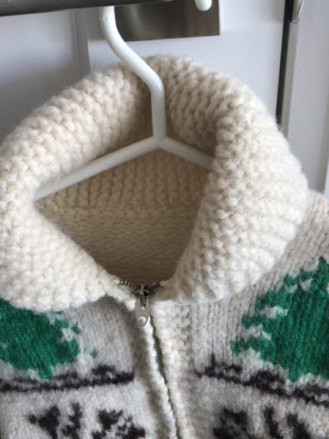 Vintage Cowichan moose zip cardigan wool hand knit image indicator(7)