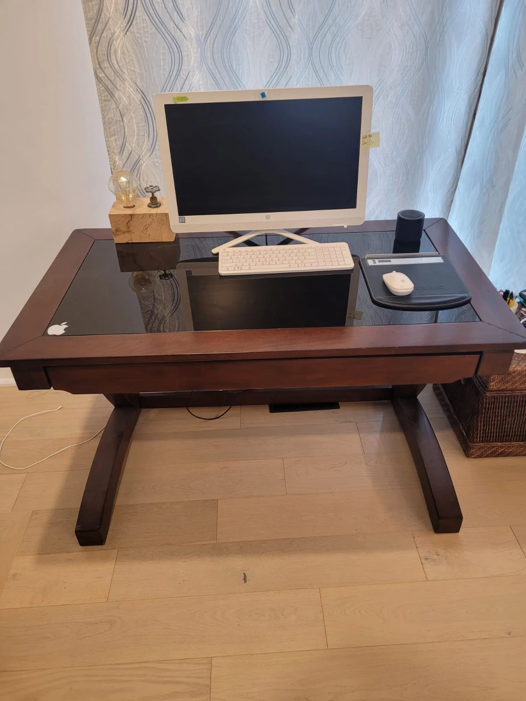Solid wood desk with glass insert and large drawer thumbnail