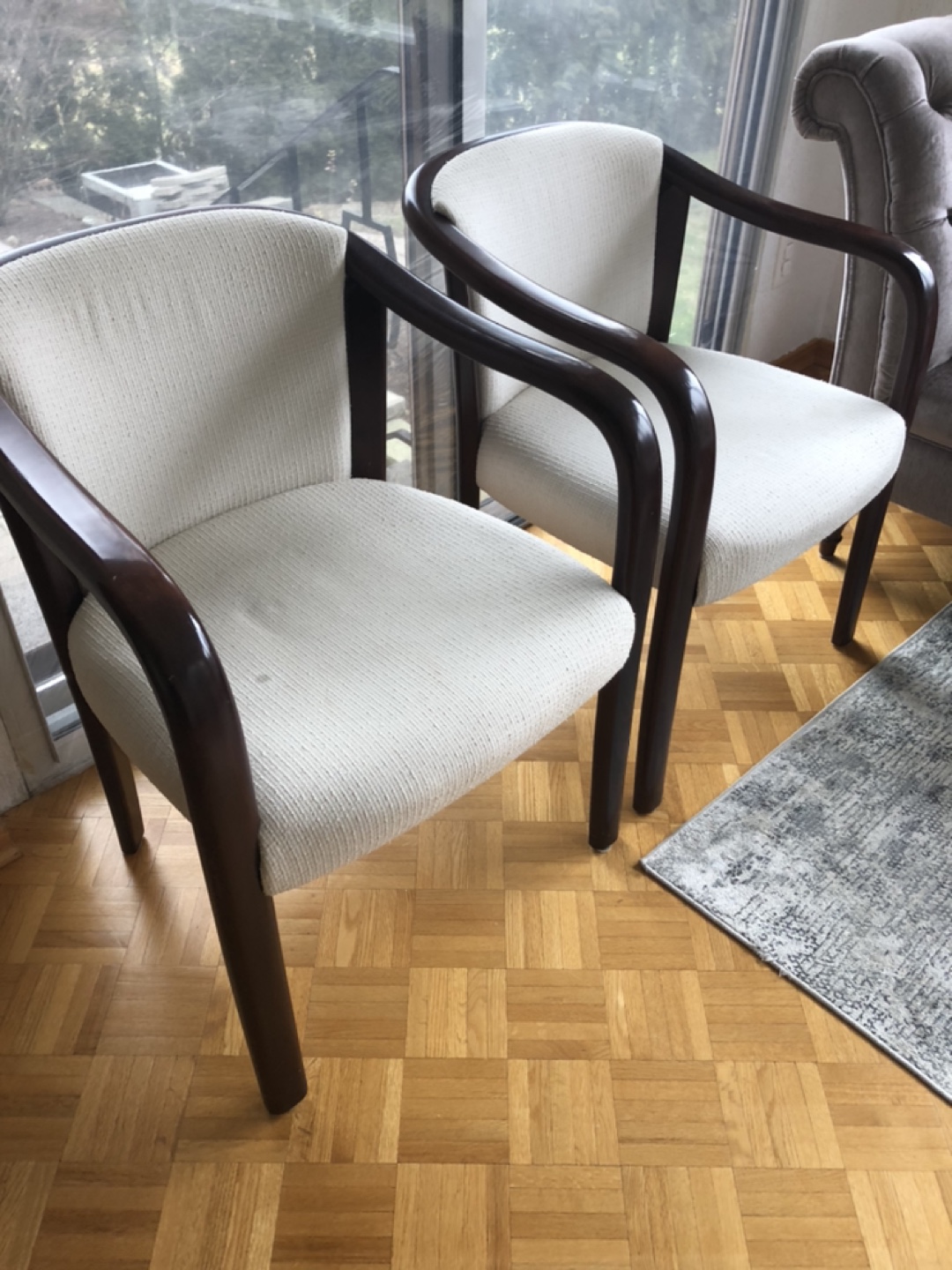 Two wood framed chairs - reupholstery needed