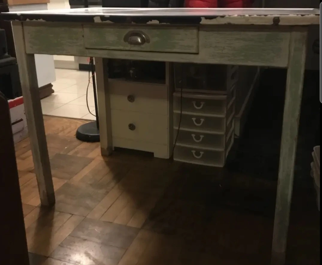 ANTIQUE FARMHOUSE TABLE WITH ENAMEL TOP thumbnail