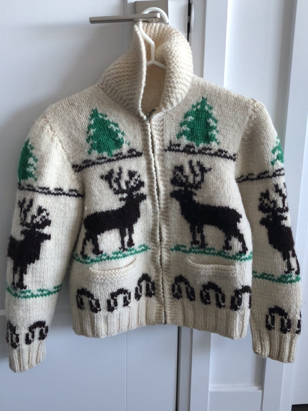 Vintage Cowichan moose zip cardigan wool hand knit image indicator(3)