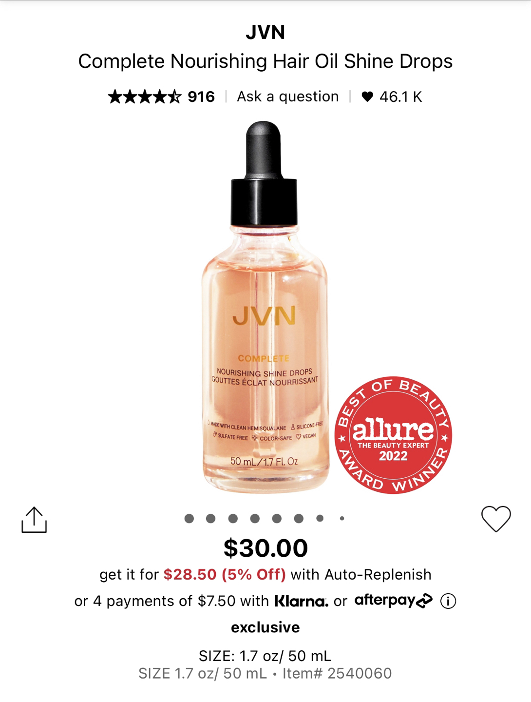 JVN - Complete Nourishing Hair Oil Shine Drops (50mL) thumbnail