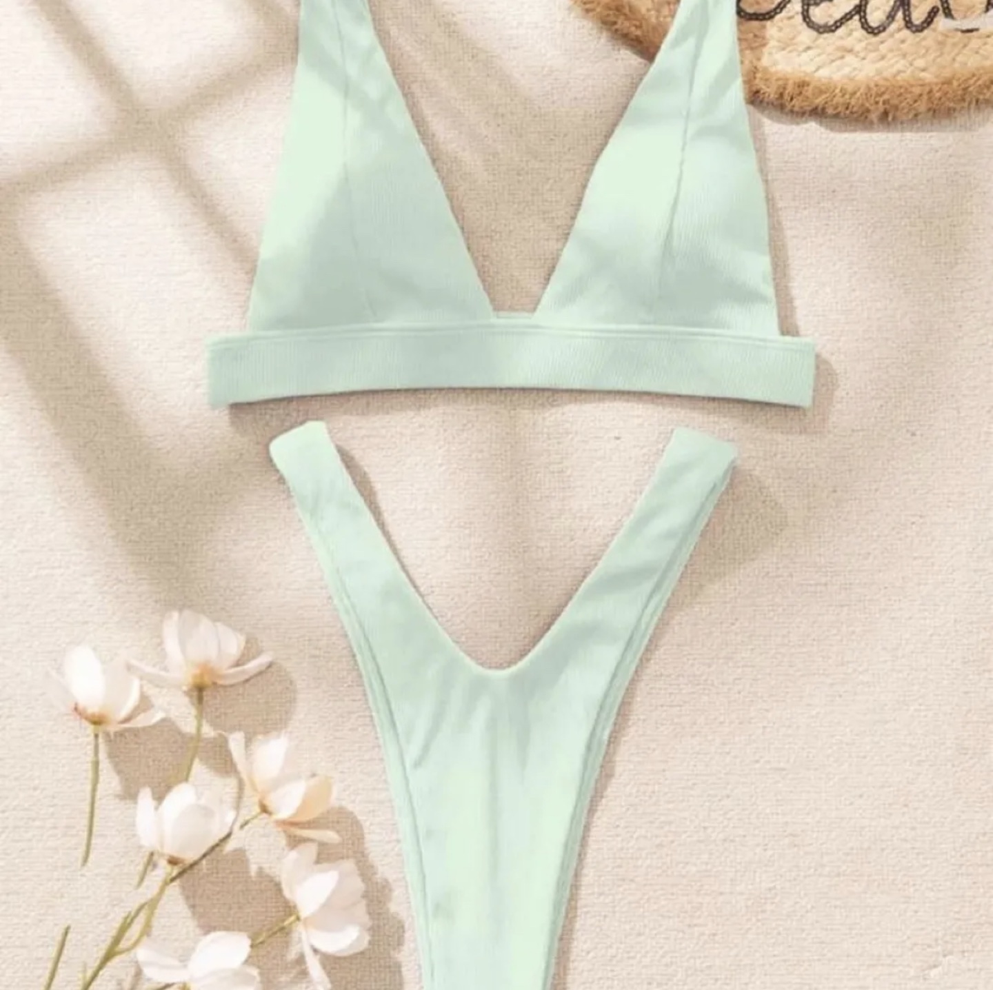 Ribbed V Neck High Cut Bikini Swimsuit image indicator(2)