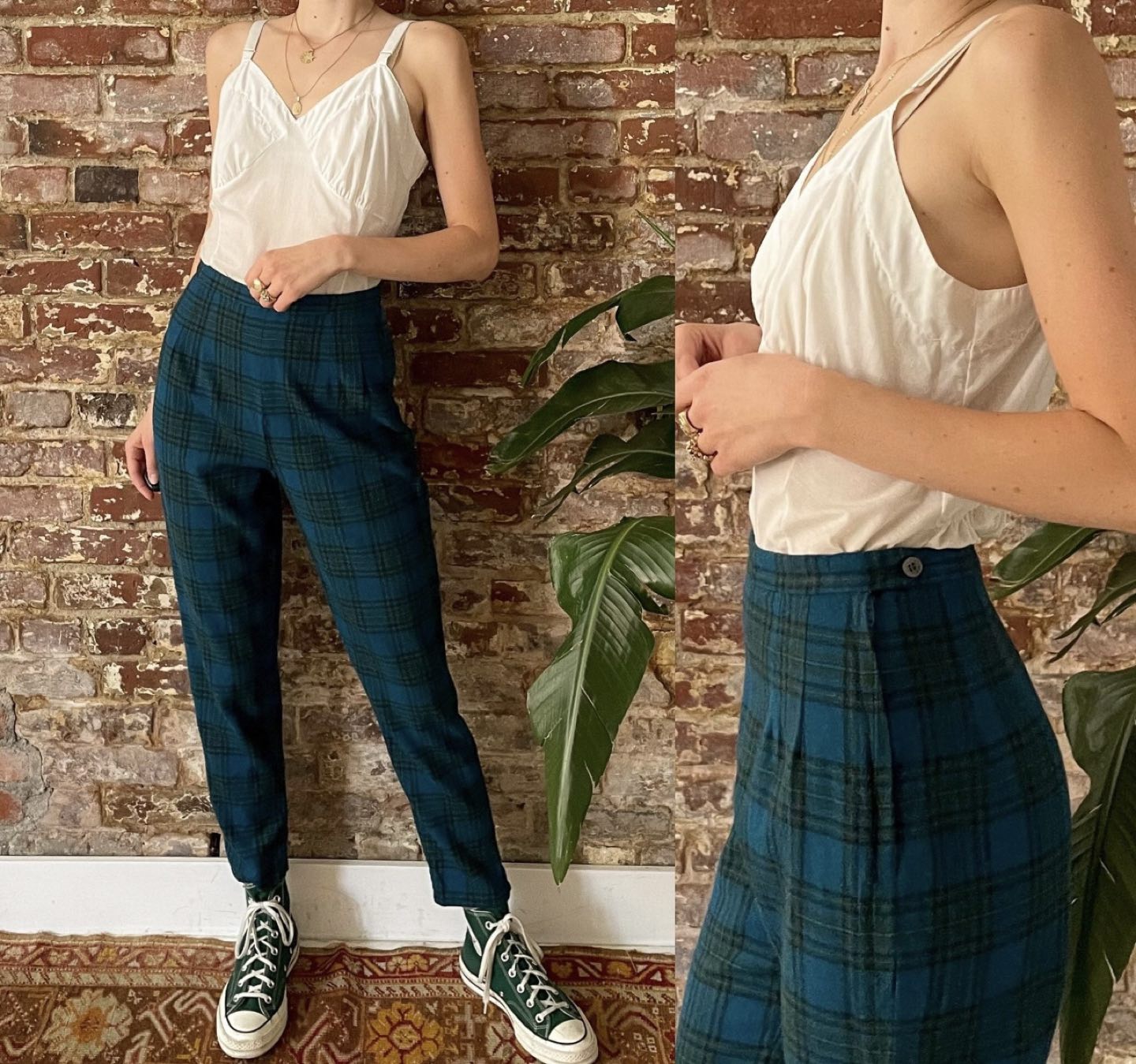 Vintage 1960s Teal and Green Plaid Wool Cigarette Pants thumbnail