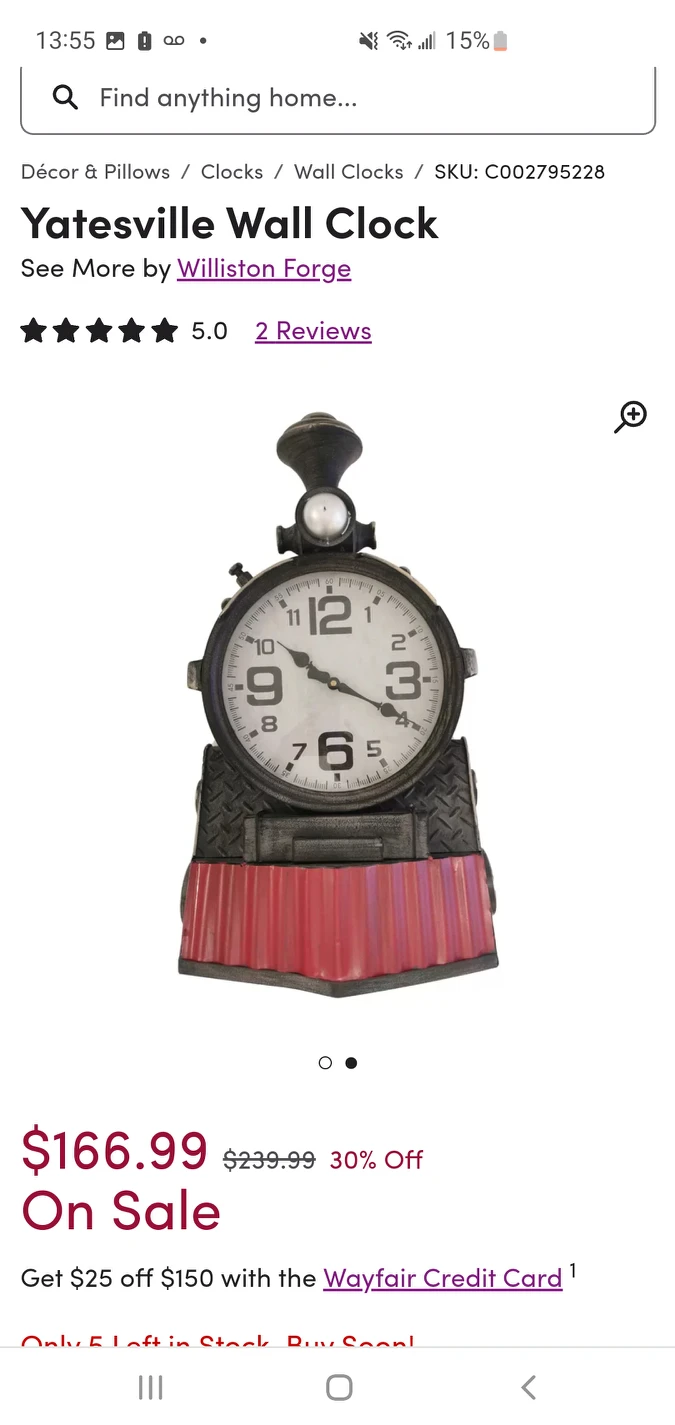 Yatesville metal wall clock- train