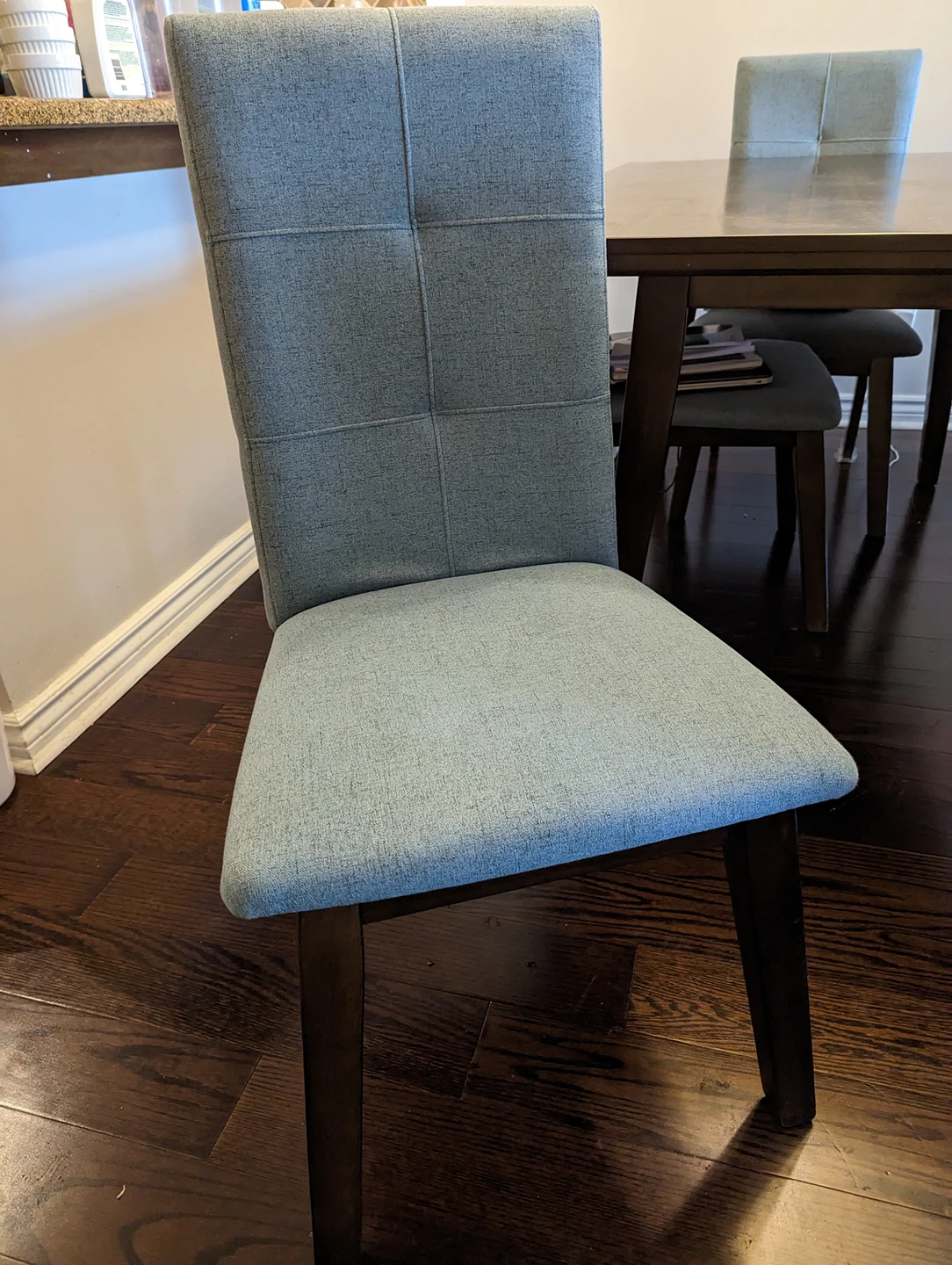 Wood dining table with four blue  fabric chairs - photo 3
