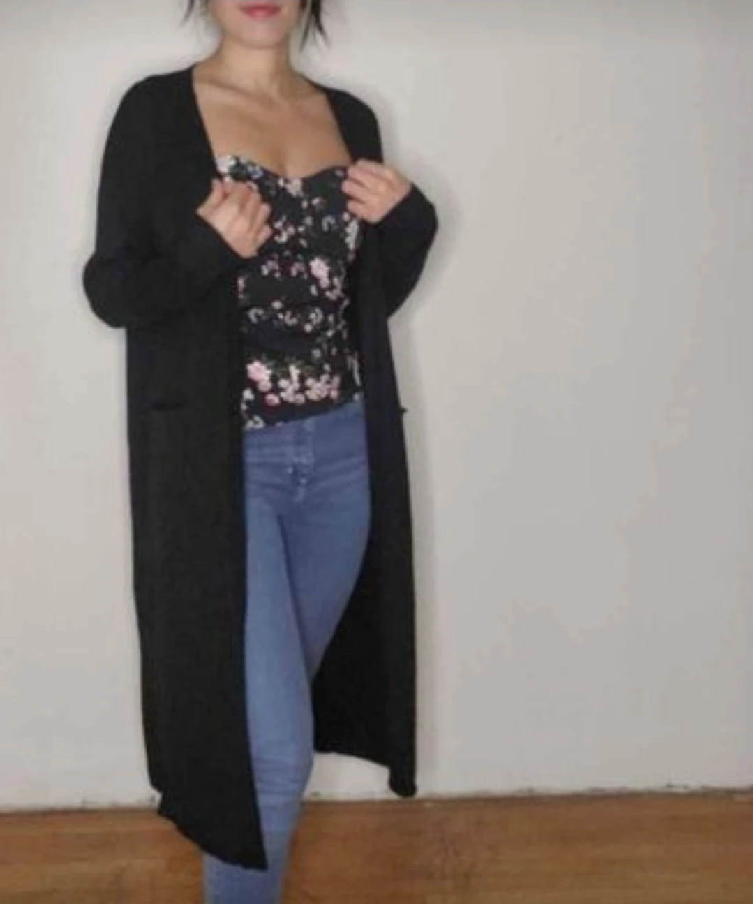 Black long knitted cardigan thumbnail
