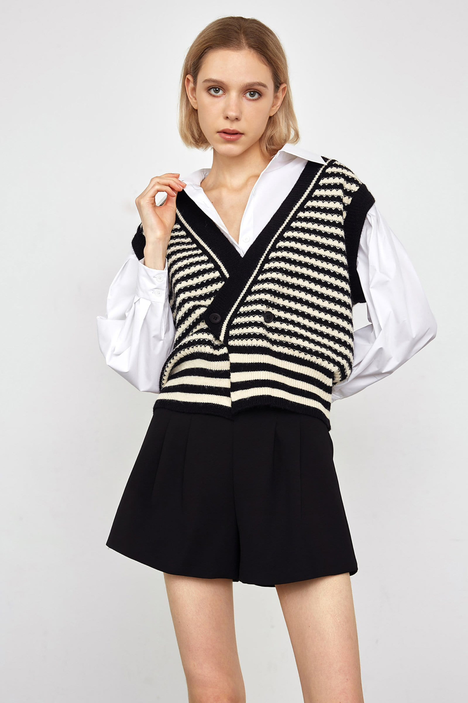 J.Ing Loralei Beige Pinstripe Sleeveless Cardigan thumbnail