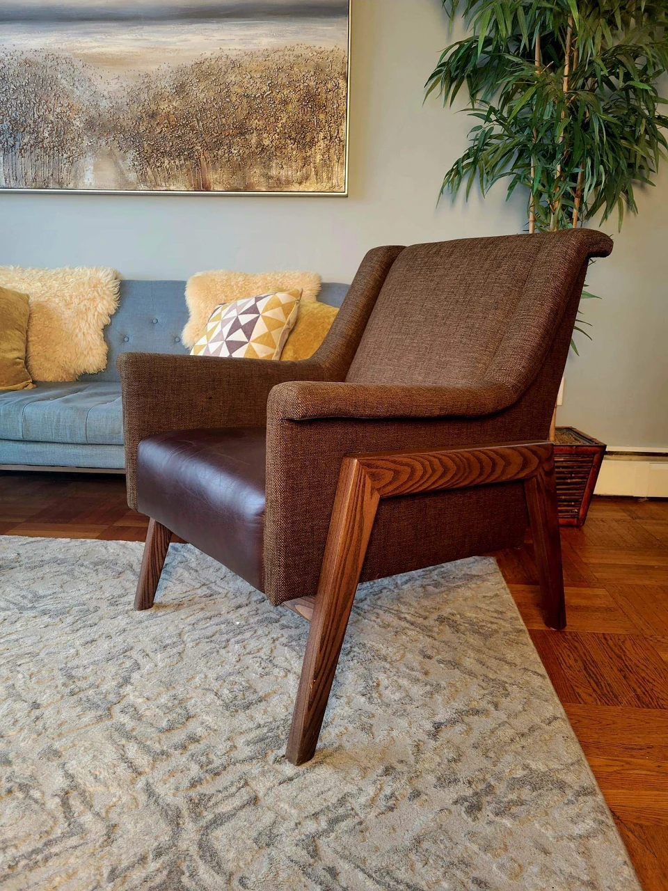 Mid Century Inspired Tweed & Leather Lounge Chair thumbnail