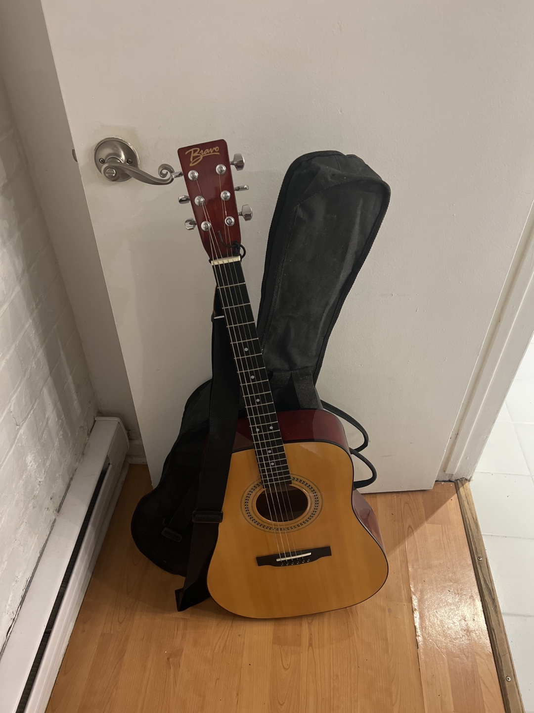 NEARLY BRAND NEW wooden acoustic guitar w/strap & bag thumbnail