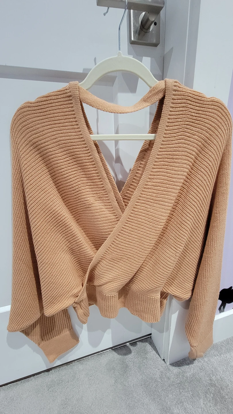 Surplice Neck Open Back Ribbed Knit Sweater thumbnail