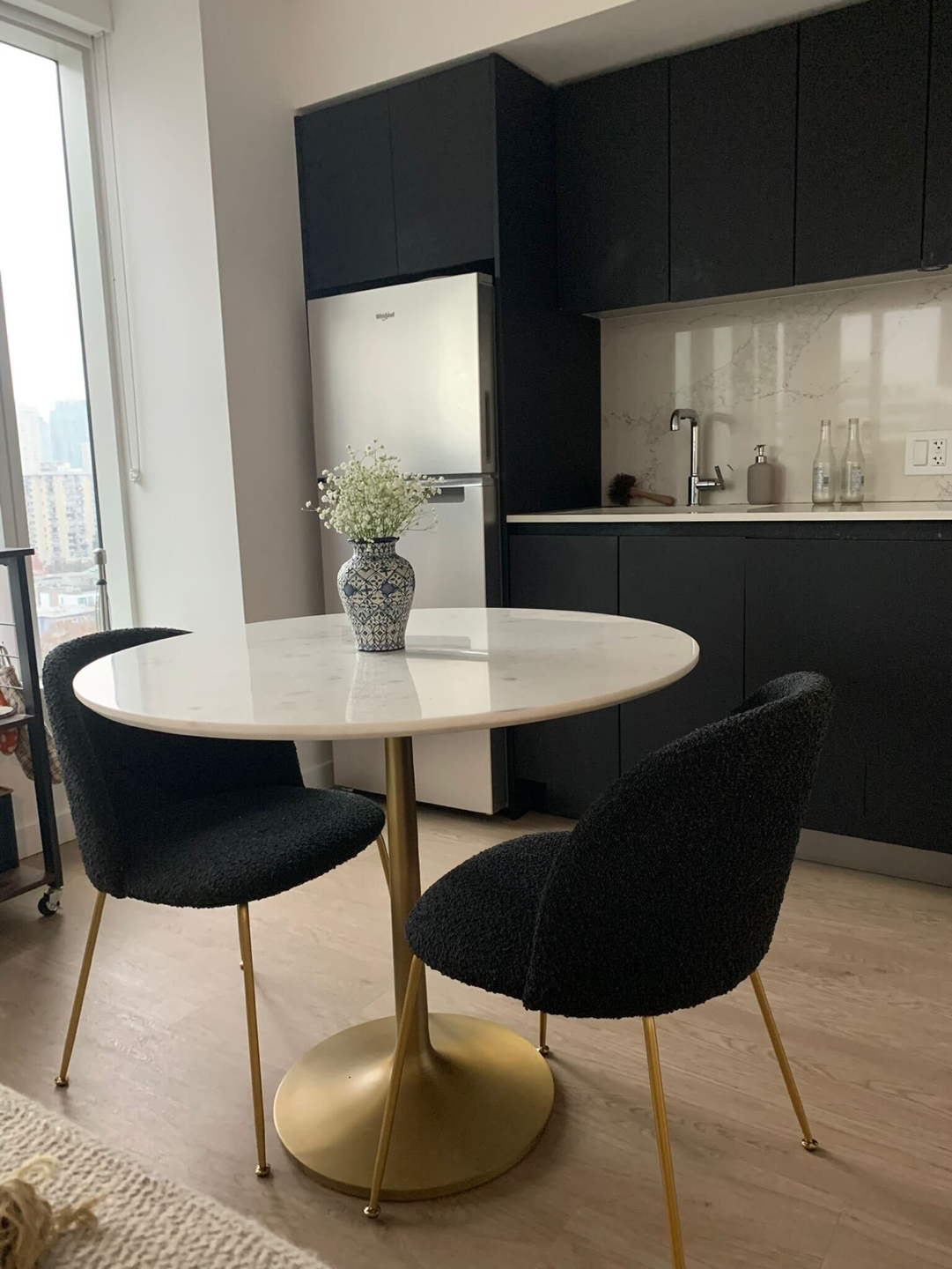 *NEW* Black bouclé dining chairs with brass legs - $150 each - photo 2