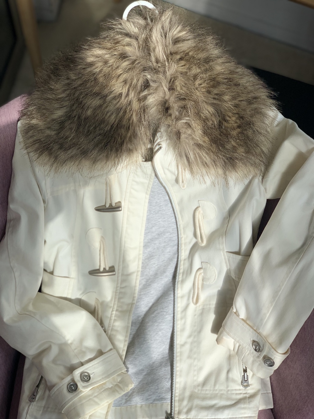 Armani Exchange off-white coat with optional faux fur collar thumbnail