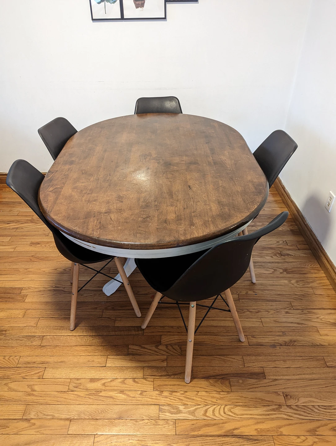 farm table design dining with 5 black chairs