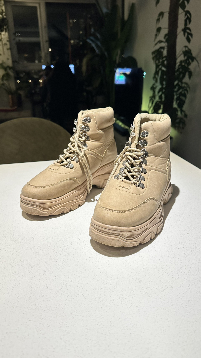 tan platform boots with gum sole
