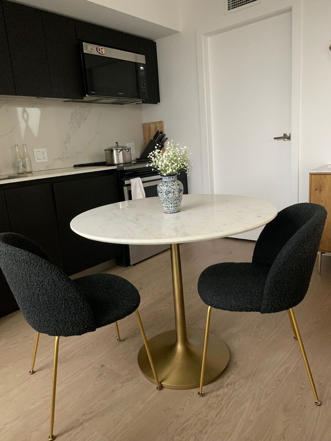 *NEW* Black bouclé dining chairs with brass legs - $150 each - photo 3