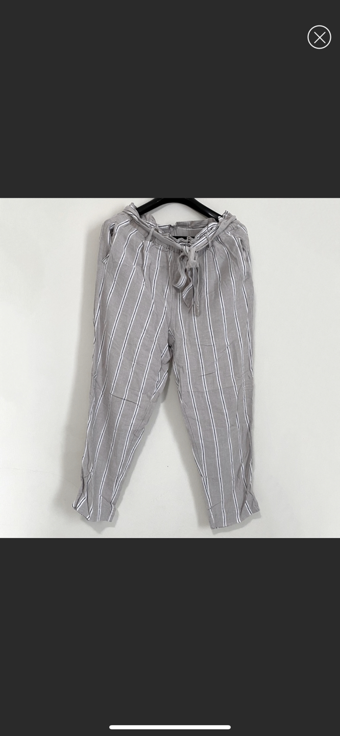 H&M linen-blend paper bag striped beige grey pants thumbnail