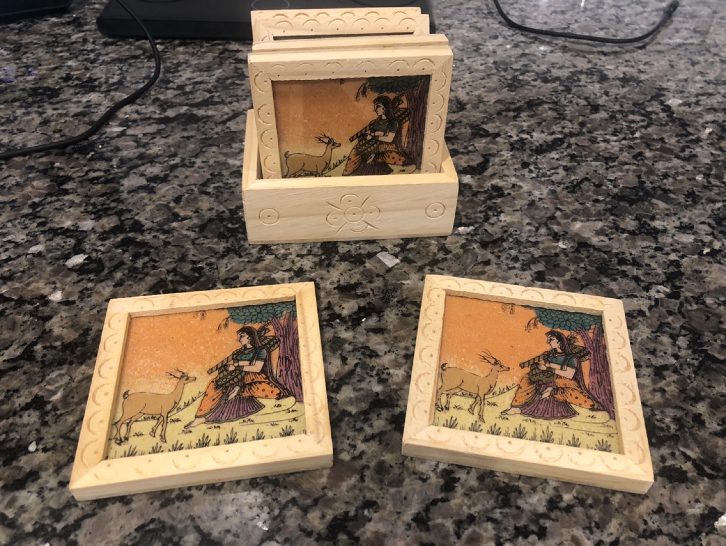 6 wooden Coasters and matching box  (from India) thumbnail