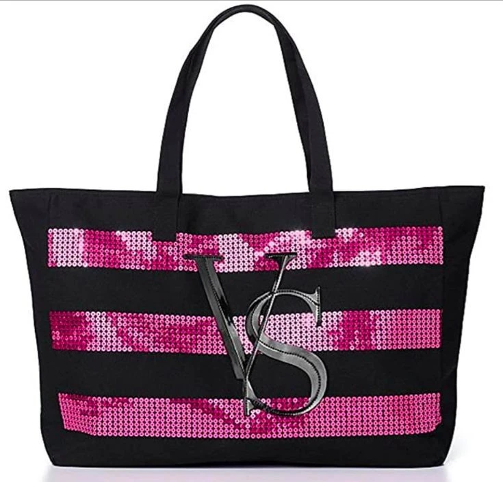 NWT Victoria's Secret Sequin Pink Black Stripes Large Tote Bag thumbnail