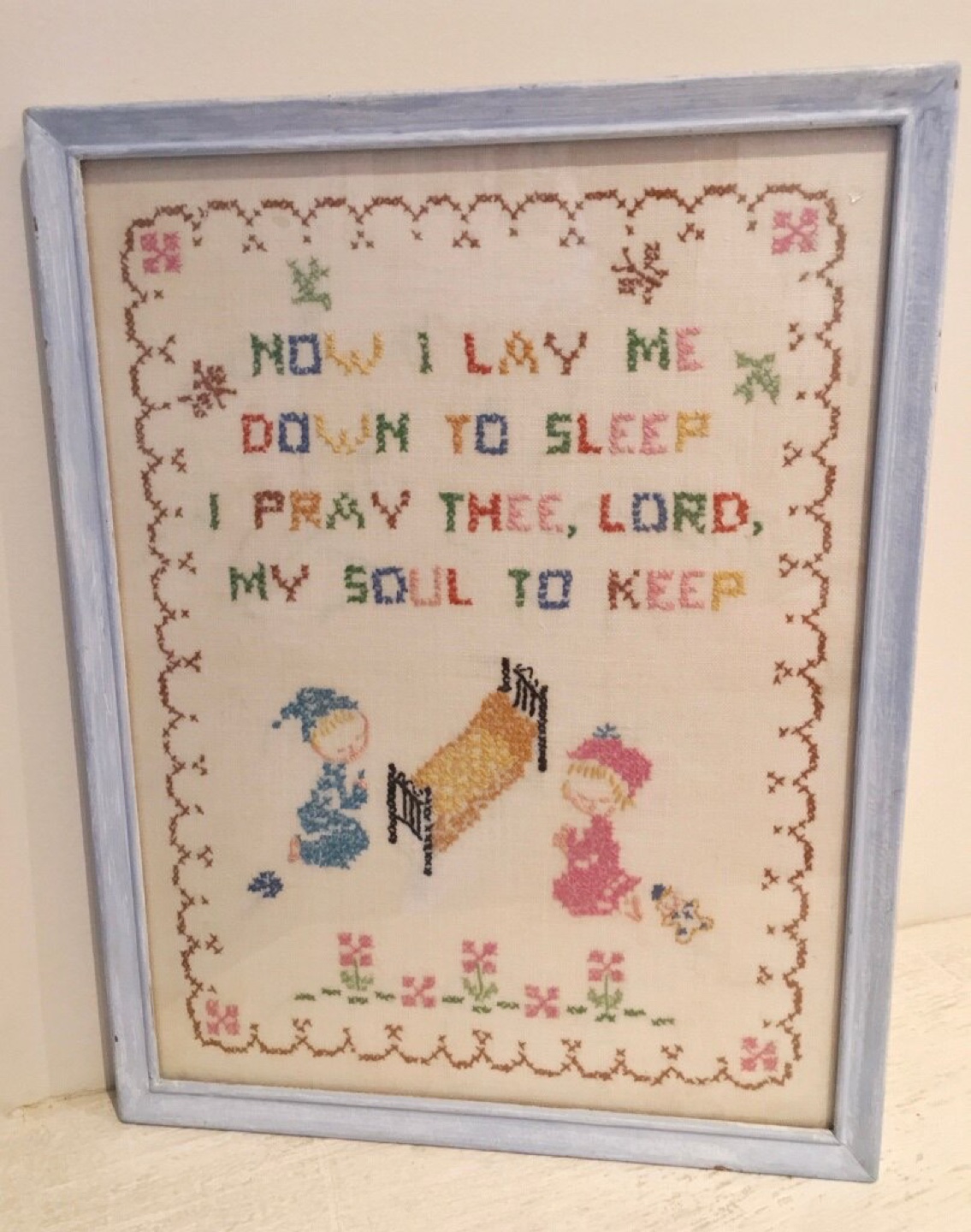 ❤️VINTAGE HANDMADE needlepoint   "Now I lay me down to sleep” thumbnail