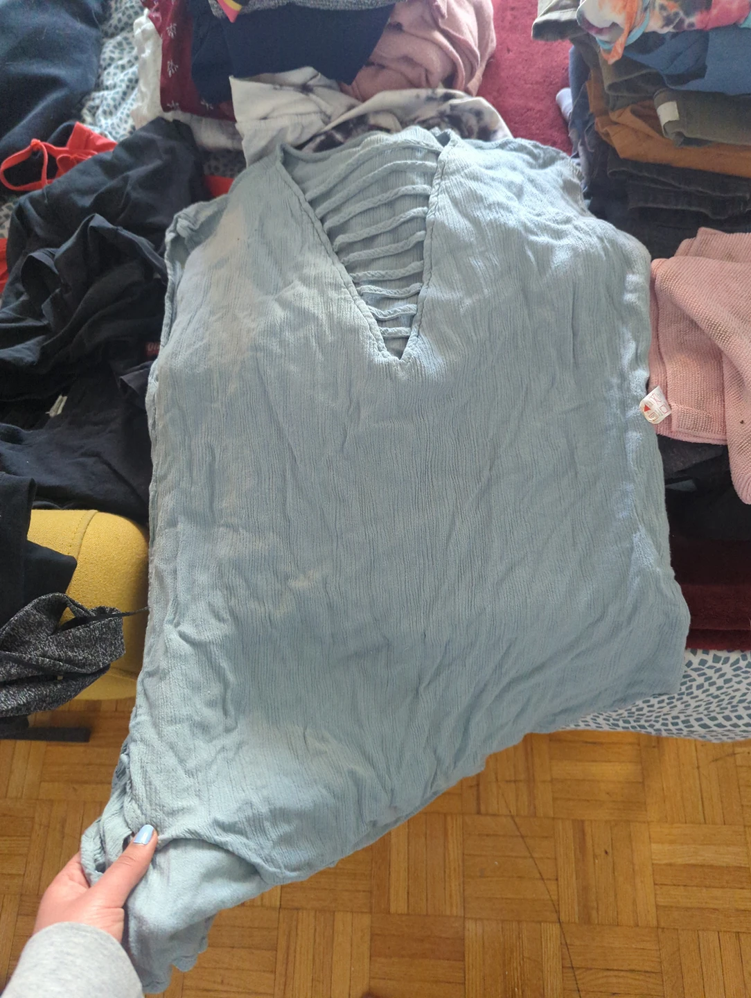 powder blue top with low neck