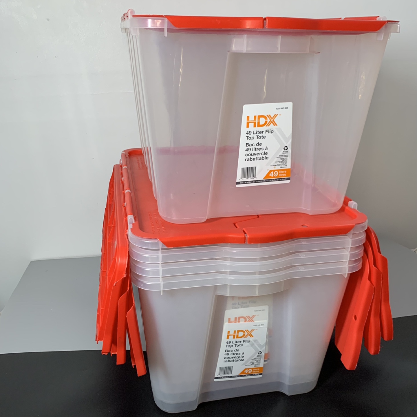 Lot Of 5: HDX 49L Flip-Top Storage Tote in Clear with Red Lid - photo 3