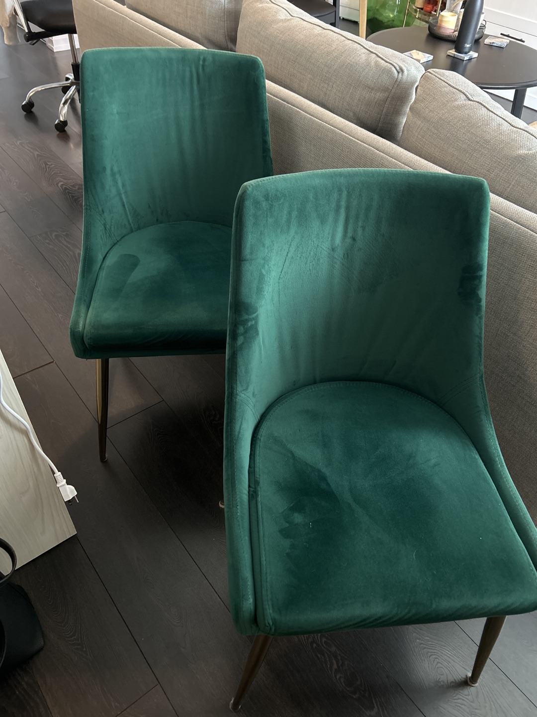 Pair of green velvet chairs