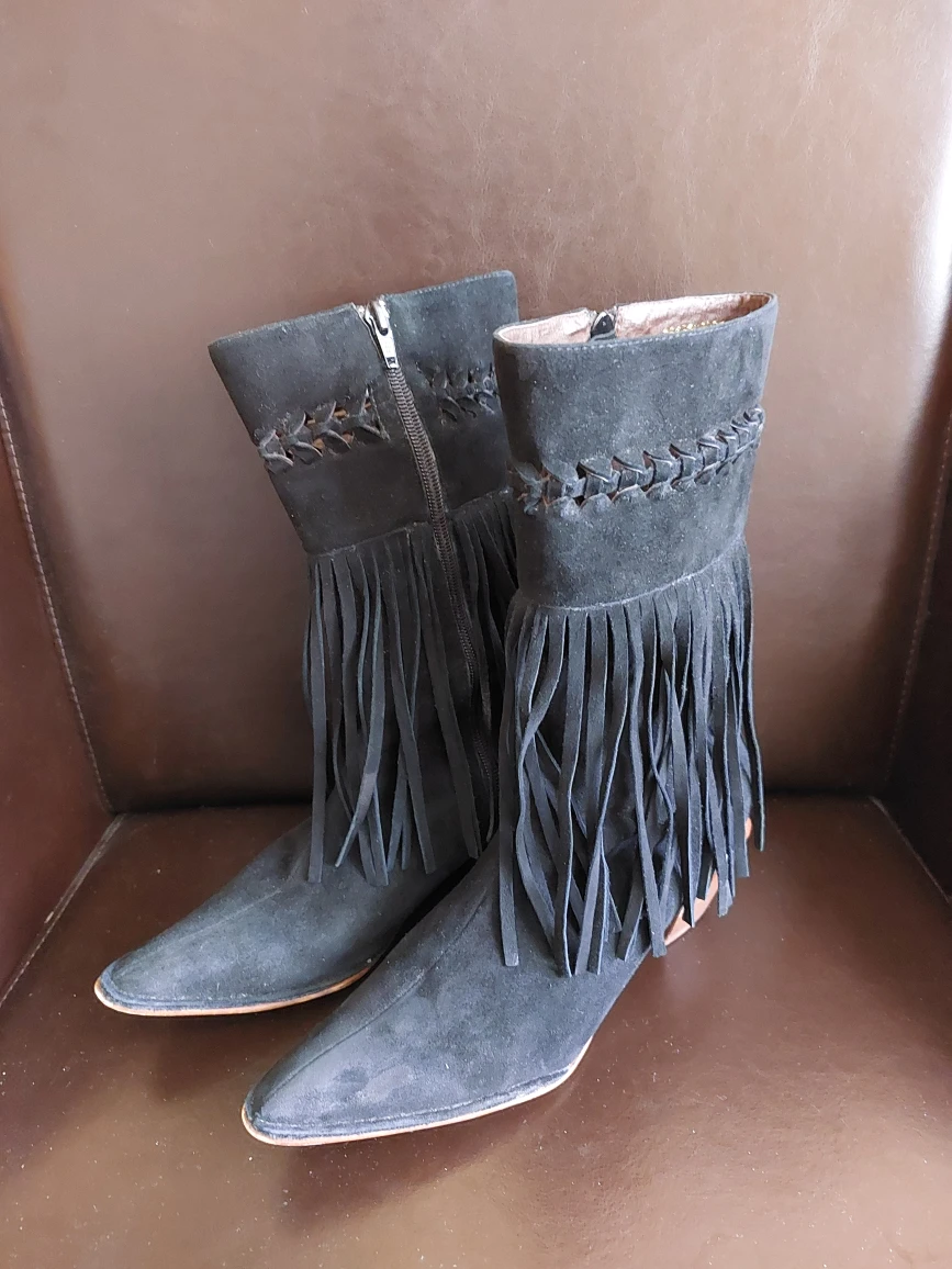 Vintage beautiful suede Kokopelli boots with fringes thumbnail