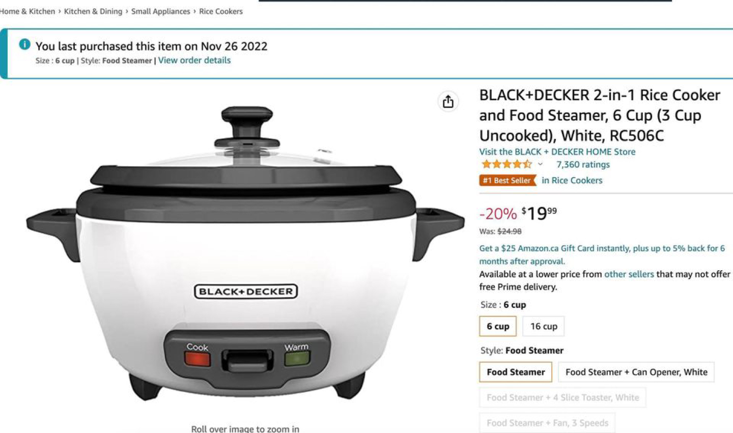 BLACK+DECKER 2-in-1 Rice Cooker Food Steamer 6 Cup