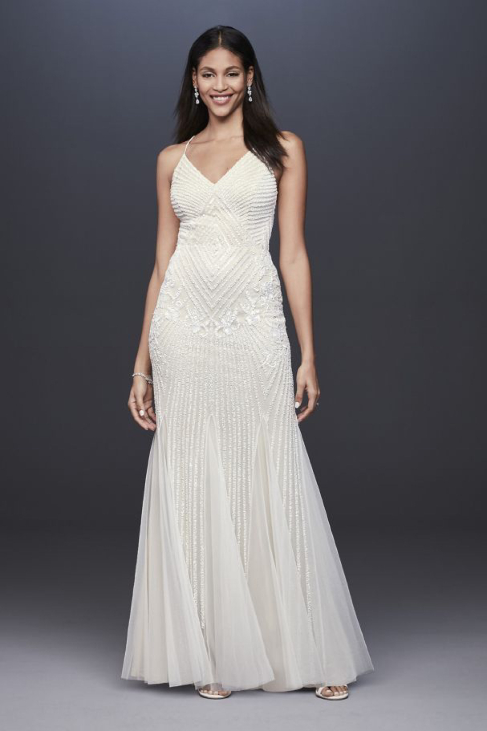 David's Bridal beaded sheath v-neck dress with godets thumbnail