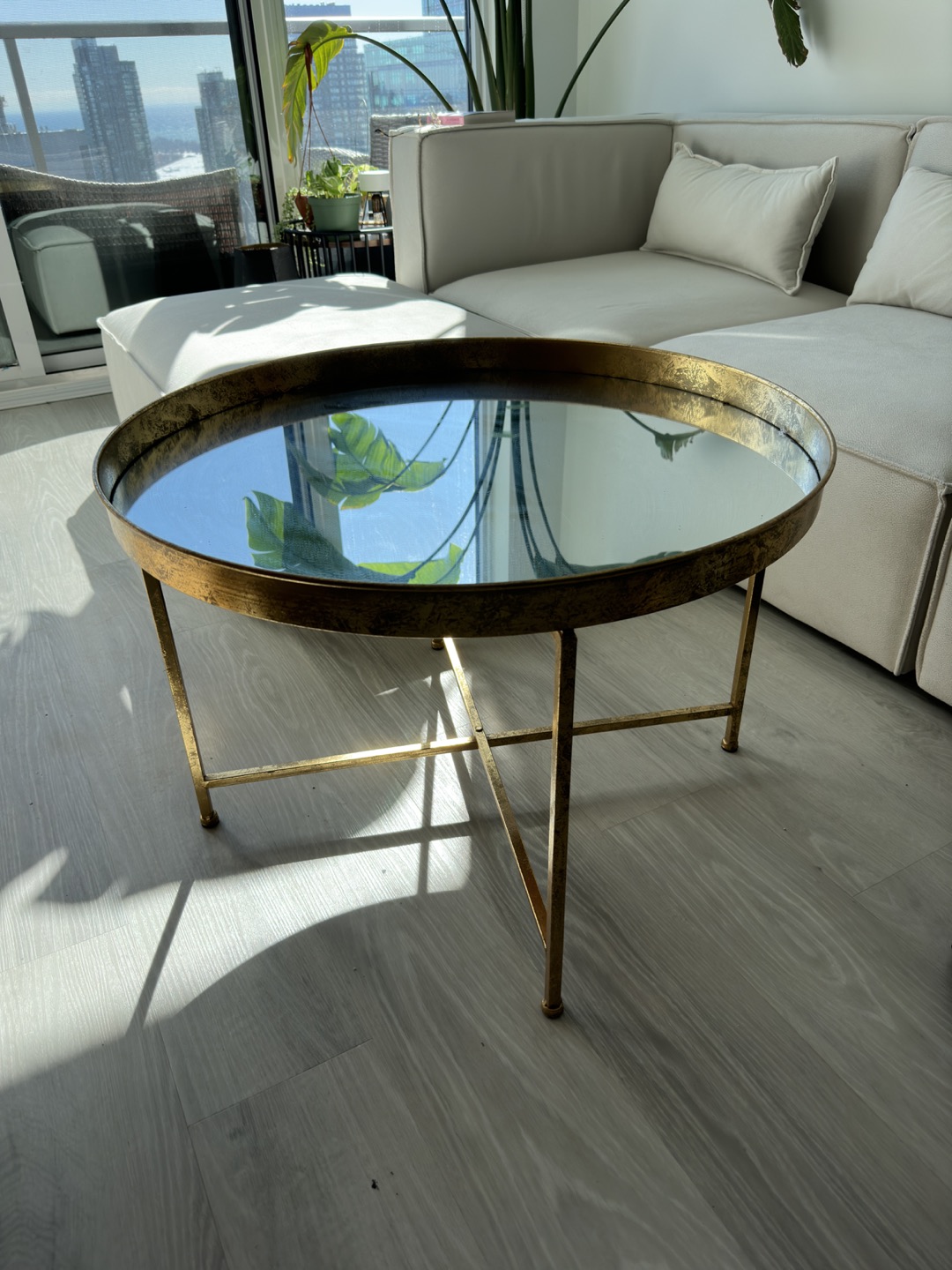 Mirrored Lift Top Cross Legs Coffee Table w/ Removable Tray
