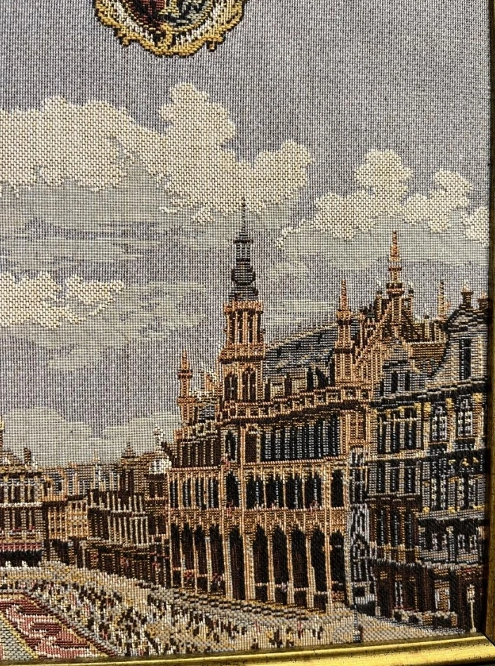 Vintage Framed Belgium Tapestry of  the Grand Place in Brussels. image indicator(3)