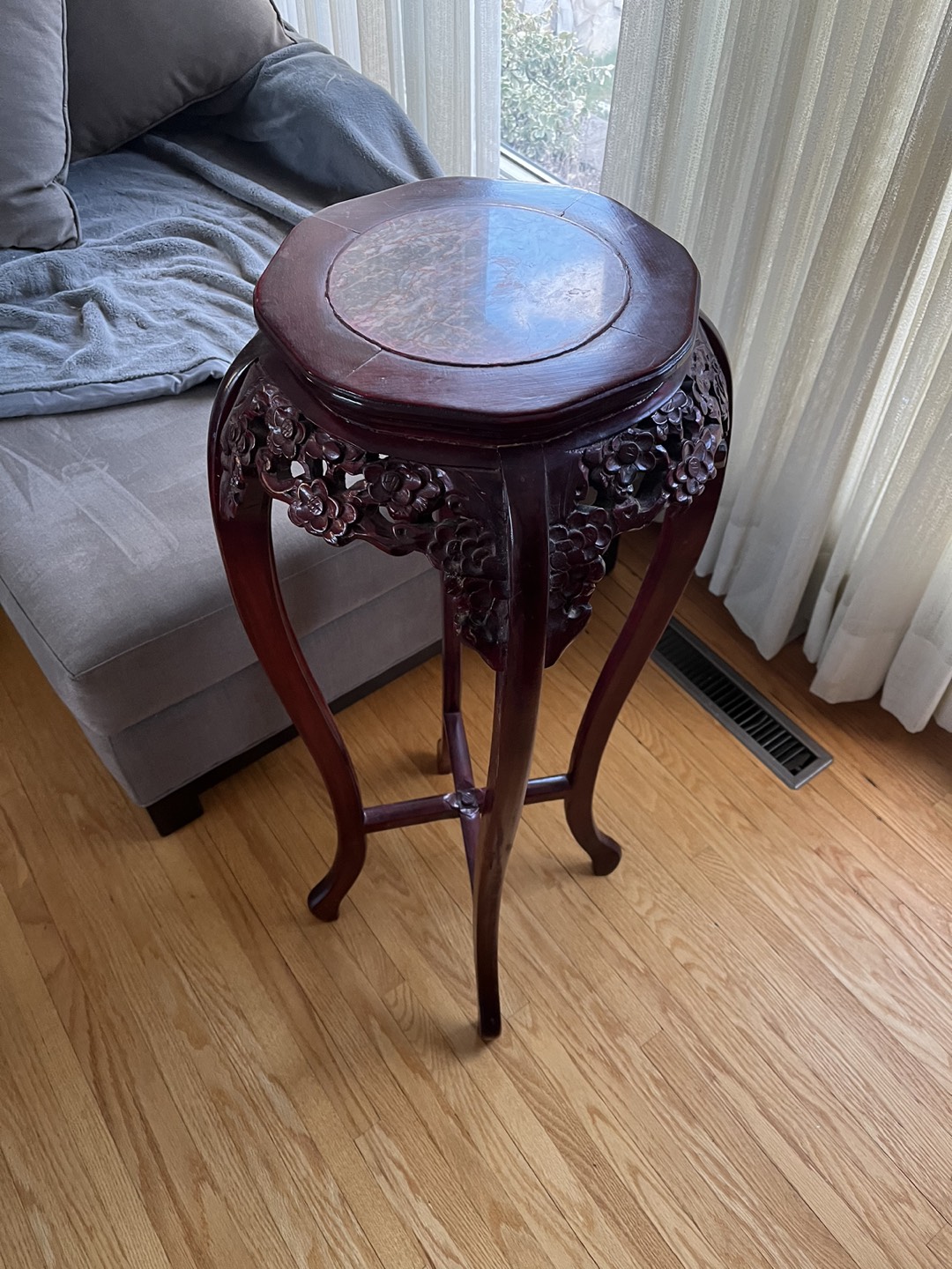 Chinese Marble Inlay Mahogany Pedestal or Plant Stand
