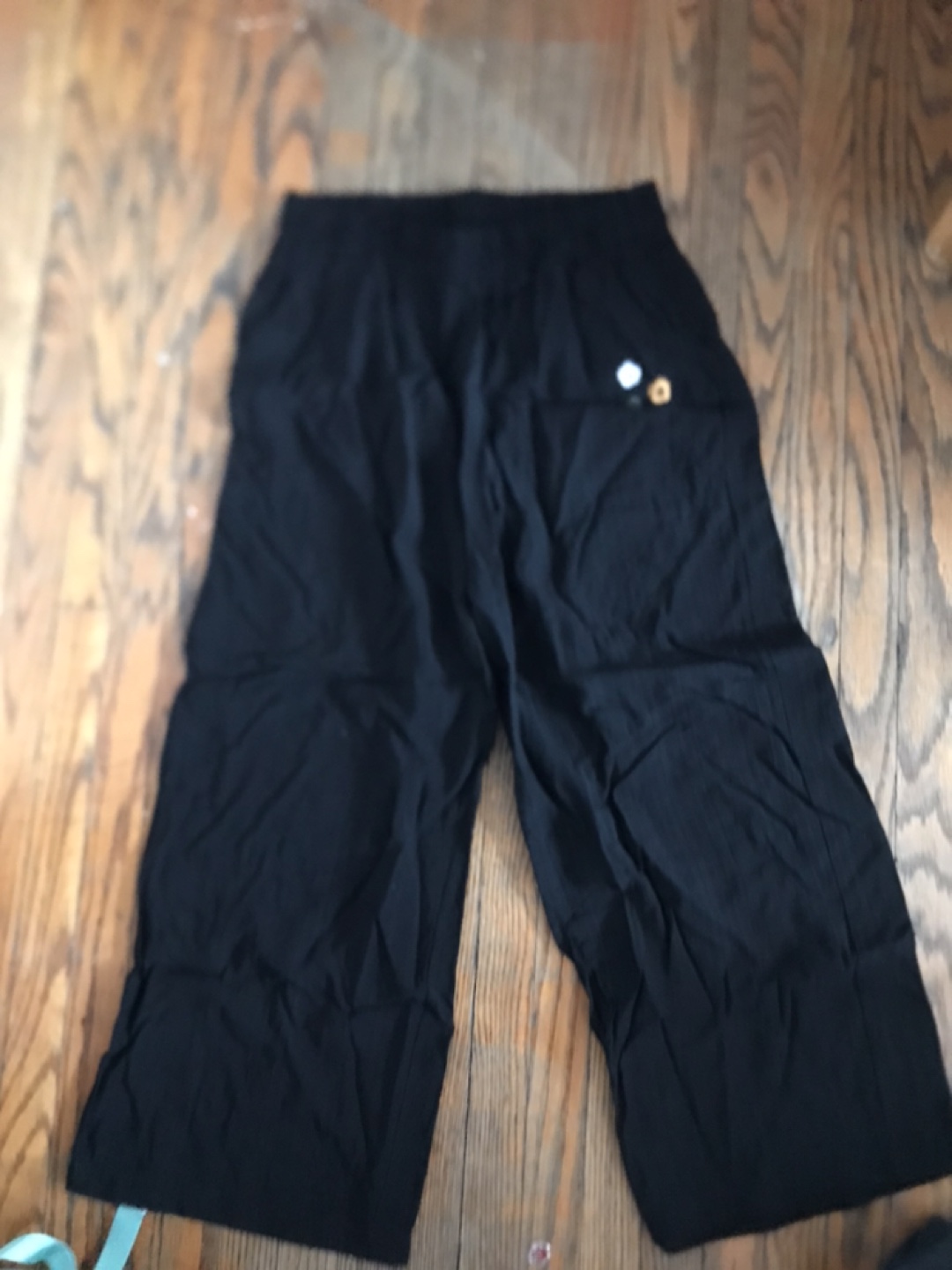 Black flowy wide leg cropped pants, embroidered flowers thumbnail