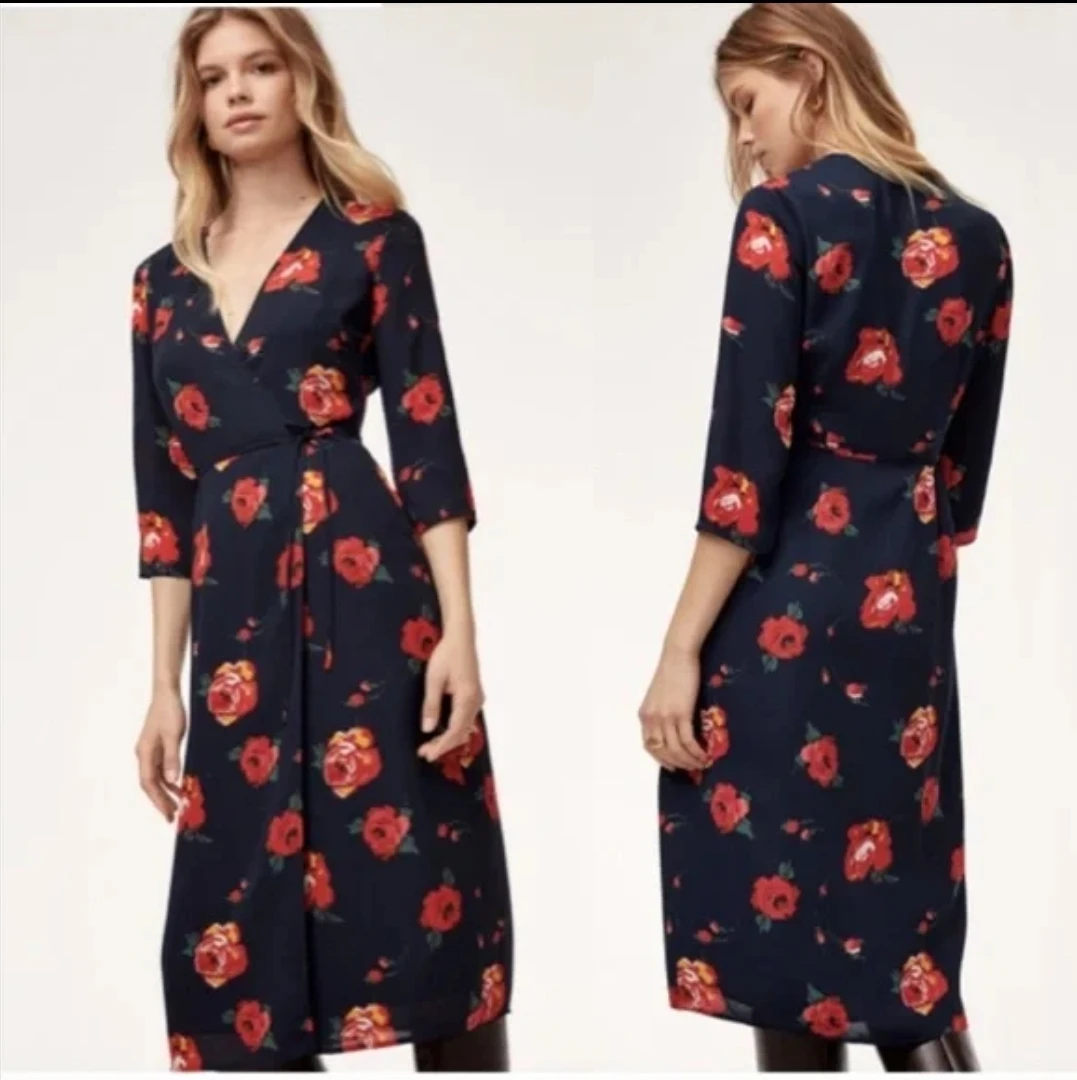 Aritzia Babaton Theo 3/4 Sleeve Wrap Midi Dress / Size S / Navy thumbnail
