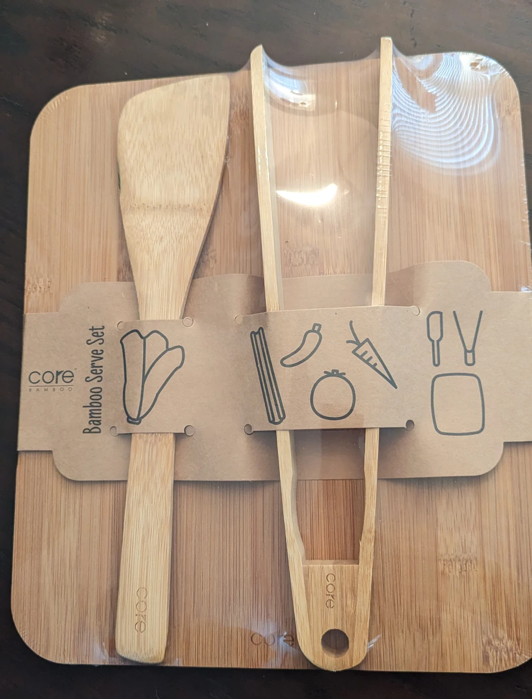 Bamboo cheese board serving set with tongs, spatula thumbnail