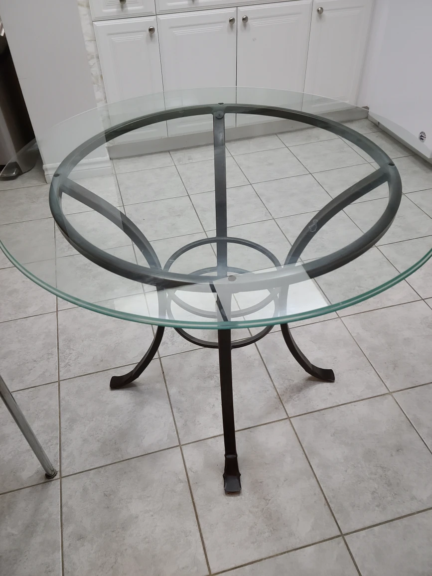 Round Glass Table with Wrought Iron Legs and 4 Chairs