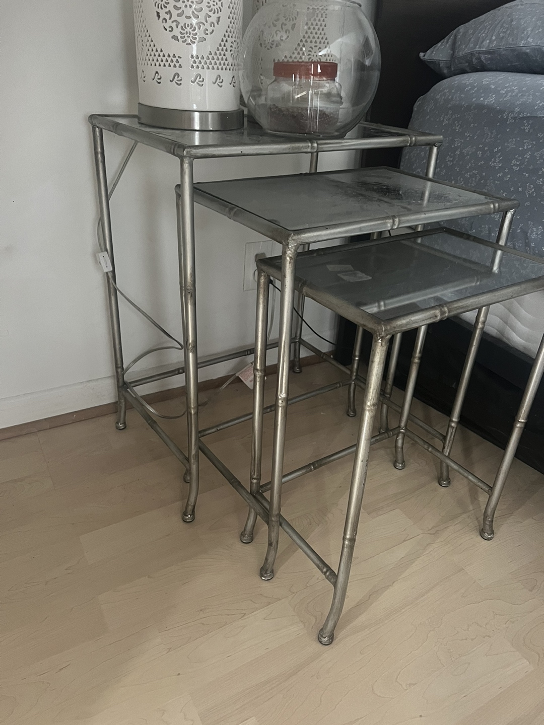 Glass and metal nesting tables set of 3 thumbnail