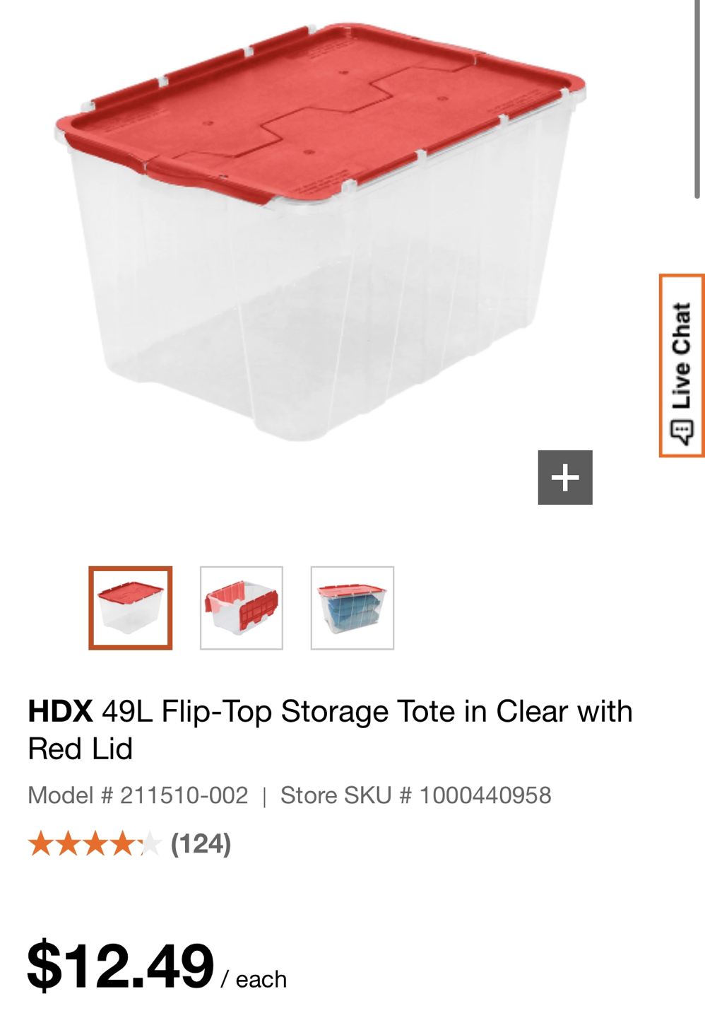 Lot Of 5: HDX 49L Flip-Top Storage Tote in Clear with Red Lid