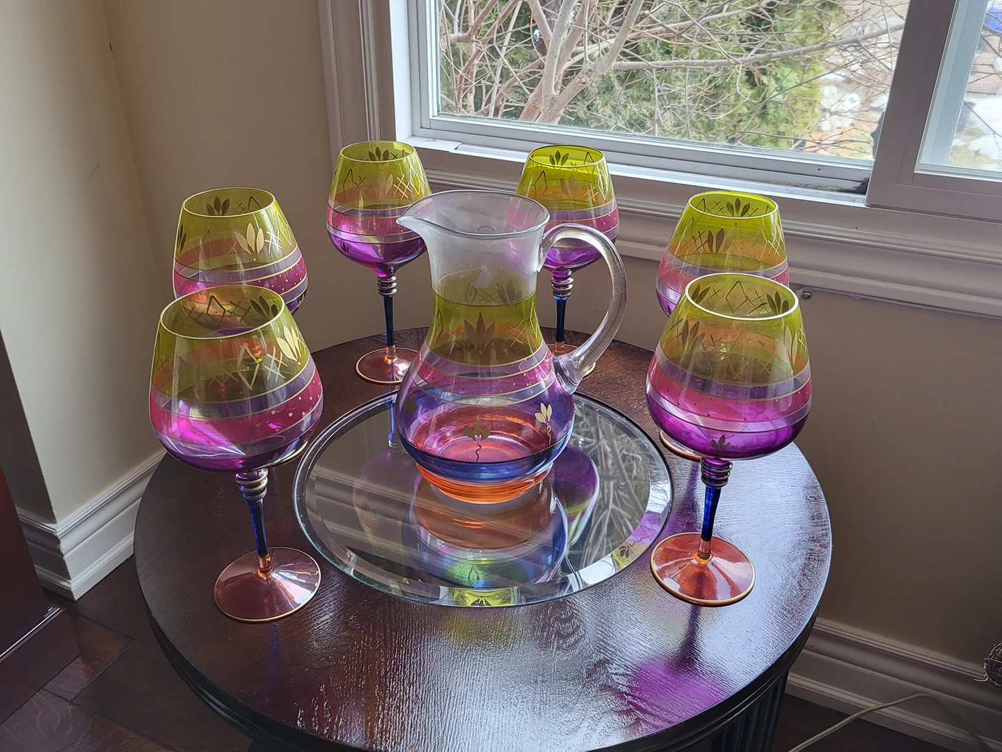 Mouthblown, hand-made Romanian Goblets and Pitcher