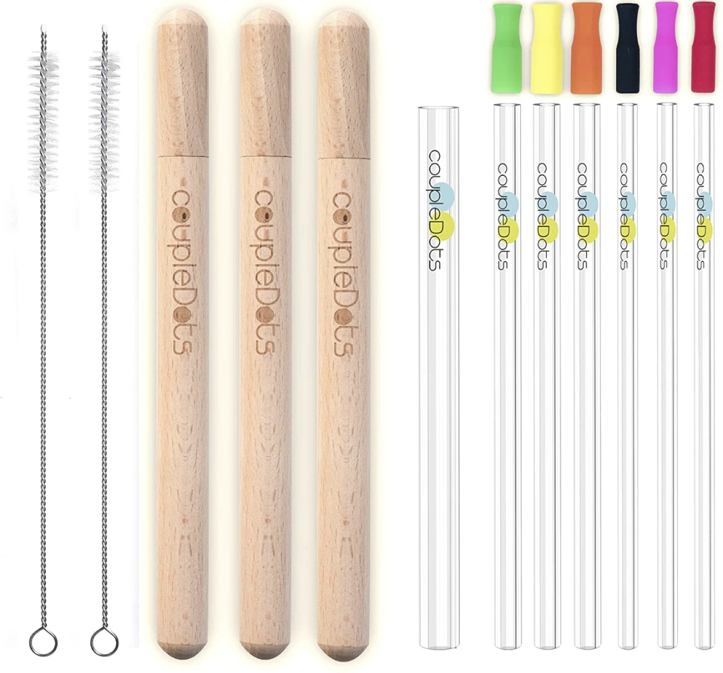 Reusable glass drinking straws with 6 silicone tips