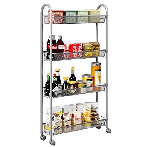 4-Tier Mesh Wire Rolling Storage Cart, Metal Slim Utility Cart