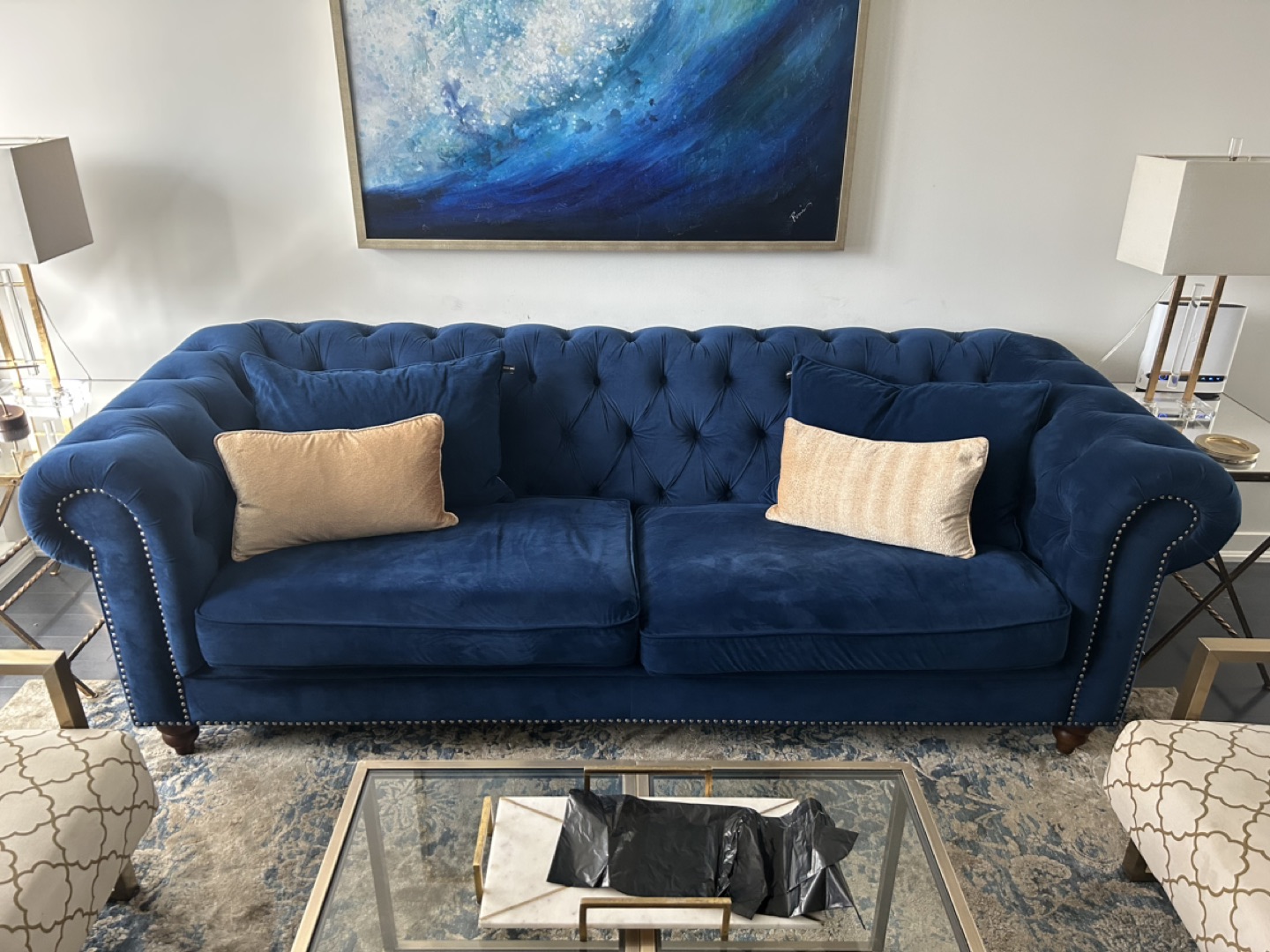 Navy blue velour couch