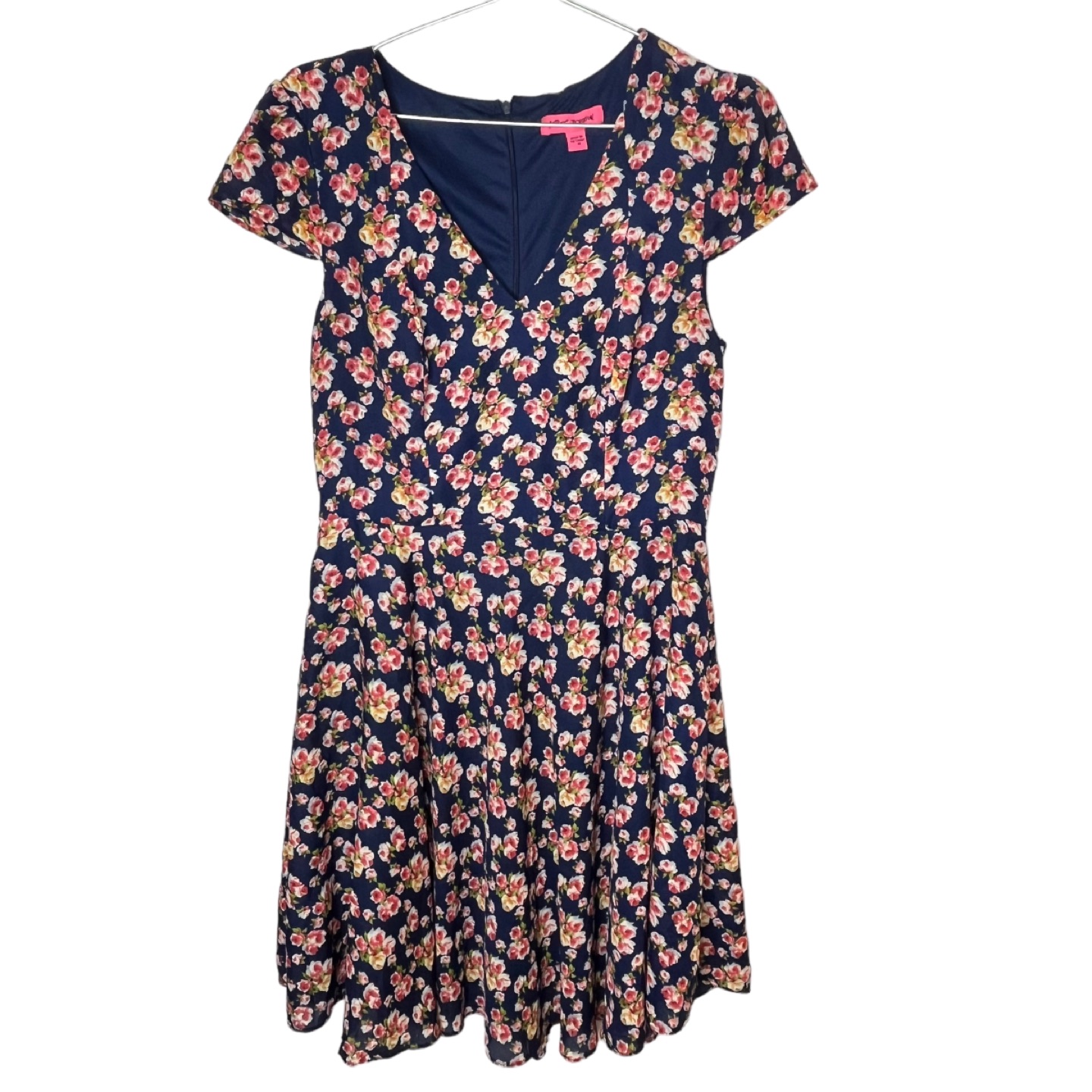 Betsey Johnson Sz 10 Rose Floral Chiffon Fit & Flare Dress V thumbnail
