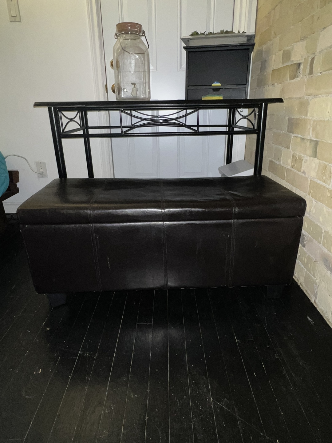 Brown bi cast leather storage ottoman with flip lid thumbnail
